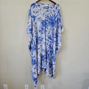Sol & Mer Beaded Floral Swim Coverup OS Blue Oversize Tropical Beach Resortwear